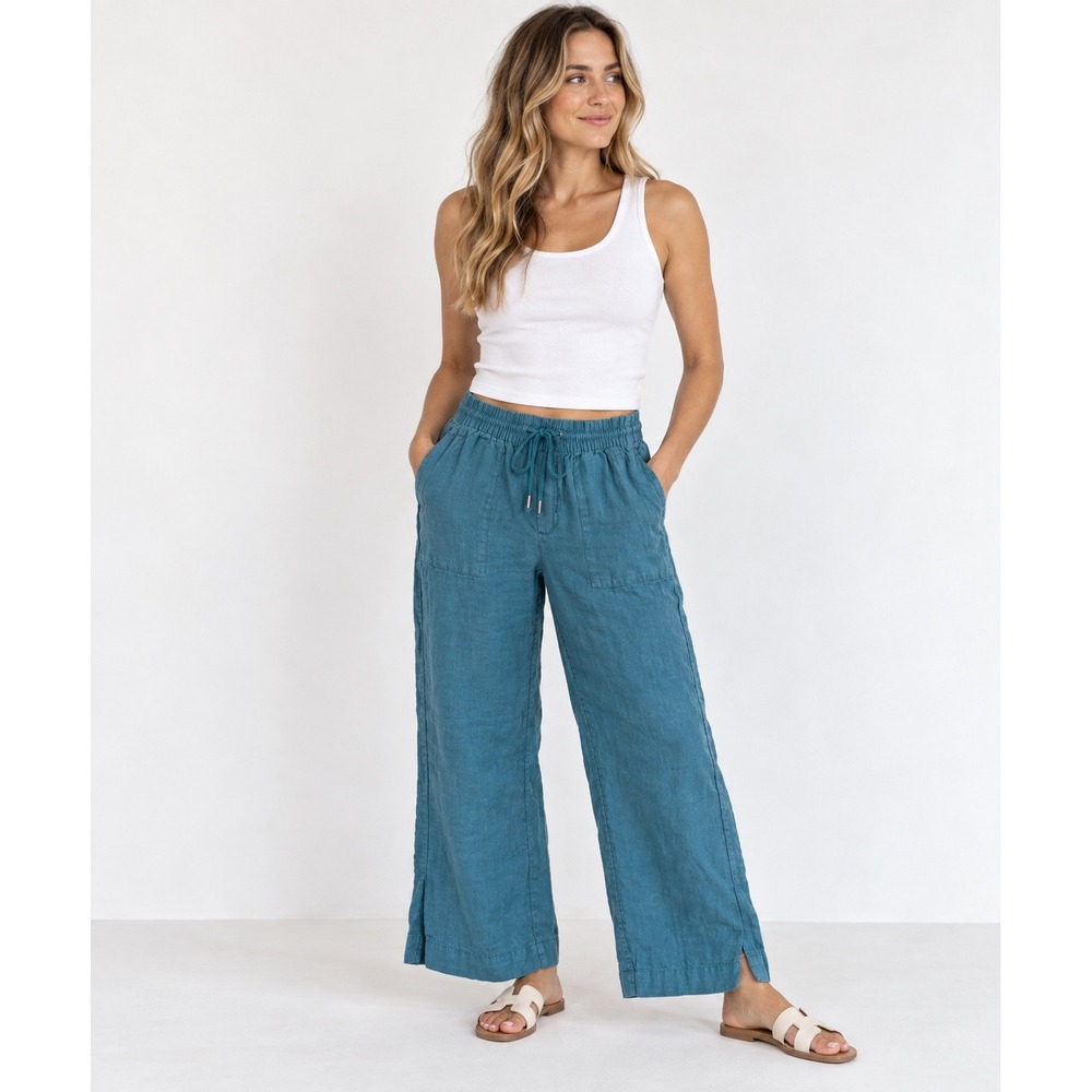 Athleta Womens Teal Blue Linen Wide Leg Drawstring Pants Size 8 Side Slit Pocket